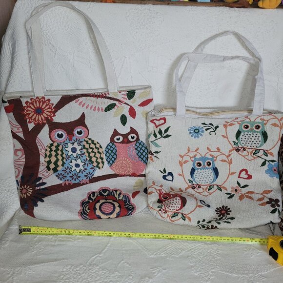 2 Vintage Owl Zippered & Lined Tote Bags - Picture 1 of 16
